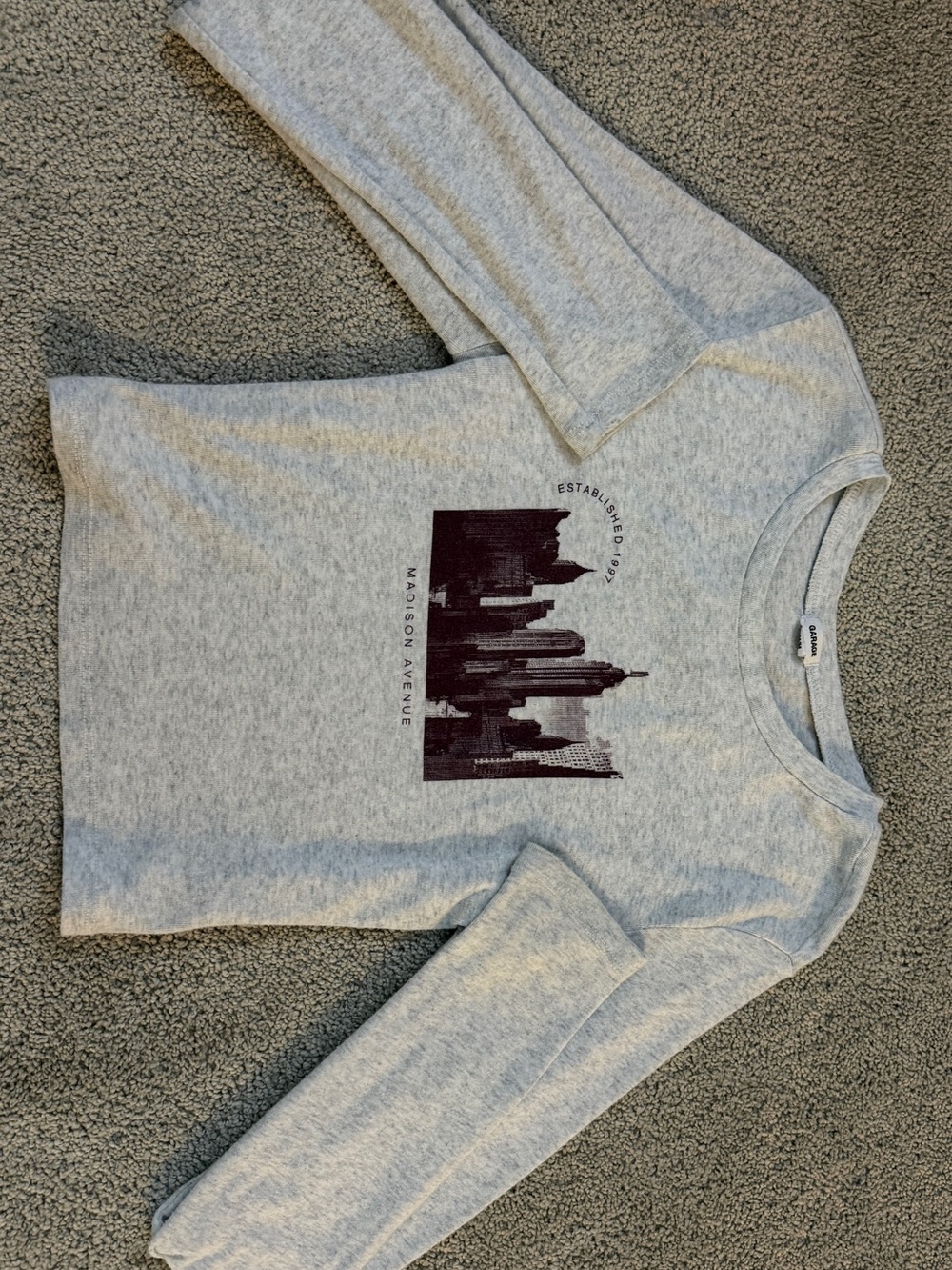 Garage Light Grey Crop Top 90s Maddison Avenue Graphic